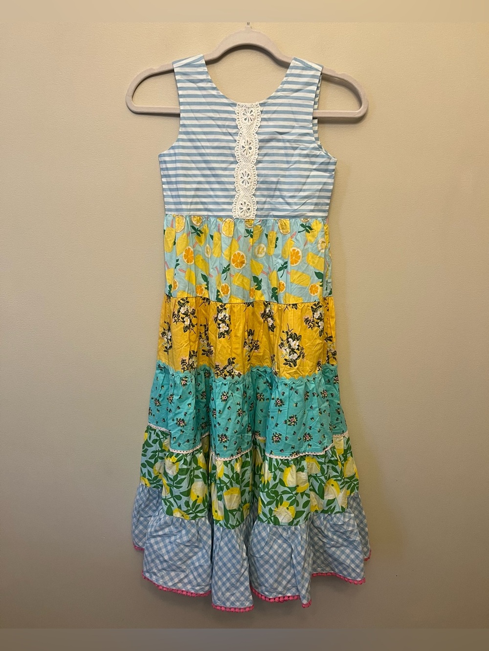 NWT Matilda Jane Sweet Trip Tiered Maxi Dress Girls Size 8 Lemon Stripe Gingham